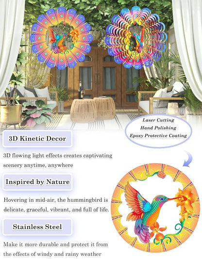Hummingbird Wind Spinners Outdoor Garden Decor for Outside - 12 Inch 3D Stainless Steel Metal Wind Spinners - Hummingbird Gardening Gifts for Women, Yard Decorations Outdoor Hanging Decor