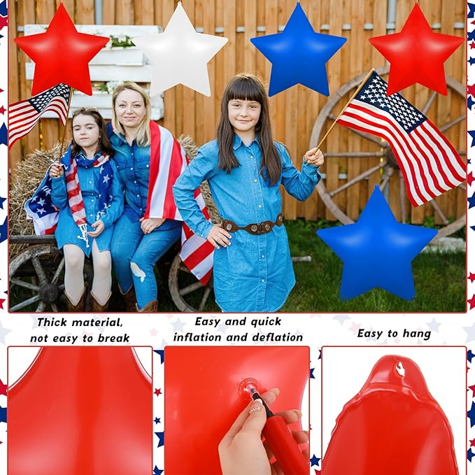 12 Pcs 4th of July Inflatable Balloons Patriotic Outdoor Decorations PVC 12'' American Flag Star Hanging Ornaments Red White and Blue Star for 250th Anniversary Independence Day Decor