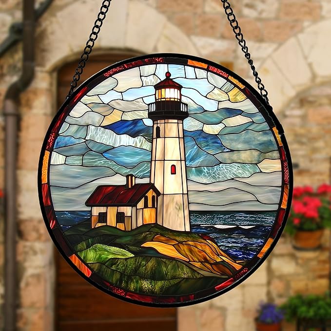 DASTOLL Stained Glass Window Hanging, Ocean Lighthouse Sun Catchers Glass Panel Blue Green Suncatcher Decor for Birthday for Women, Men, Wife, Aunt, and Mom 11.8 in