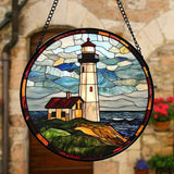 DASTOLL Stained Glass Window Hanging, Ocean Lighthouse Sun Catchers Glass Panel Blue Green Suncatcher Decor for Birthday for Women, Men, Wife, Aunt, and Mom 9.8 in