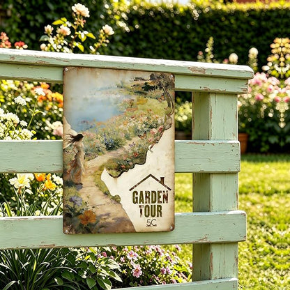 Vintage Metal Garden Sign, Garden Tour 5C Wall Decor, Funny Gardening Gifts for Women, Home Patio Yard Art, 12 x 8 Inches