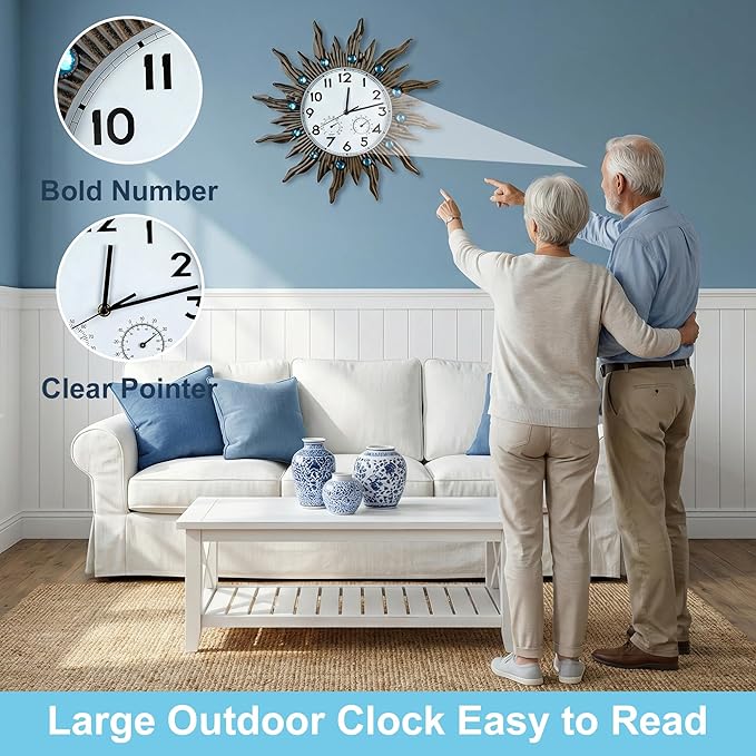 Garden Outdoor Clocks with Thermometer and Hygrometer Combo, Silent No-Ticking Outdoor Wall Clocks, Waterproof Outdoor Clocks Vintage Copper Sun, 18.5 Inch