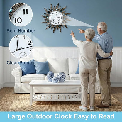 Garden Outdoor Clocks with Thermometer and Hygrometer Combo, Silent No-Ticking Outdoor Wall Clocks, Waterproof Outdoor Clocks Vintage Copper Sun, 18.5 Inch
