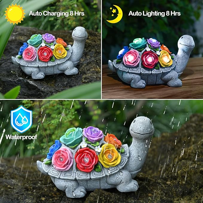 Solar Garden Decor Turtle with Rose and 7 LED Lights - Outdoor Decor Tortoise Statue for Patio, Balcony, Yard Ornament, Unique Gifts for Mom.
