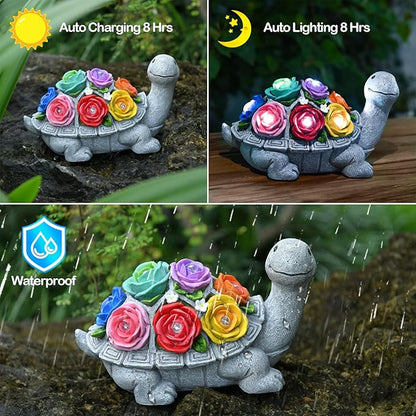 Solar Garden Decor Turtle with Rose and 7 LED Lights - Outdoor Decor Tortoise Statue for Patio, Balcony, Yard Ornament, Unique Gifts for Mom.