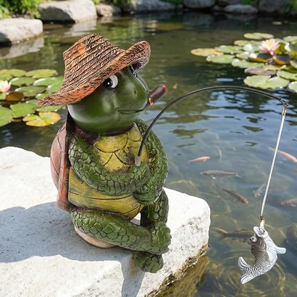 9.5" Turtle Fishing Sculptures & Statues, Whimsical Yard Art, Funny Pond Fisherman, Cute Outdoor Ornament, Unique Gift for Turtle Fishing Lovers
