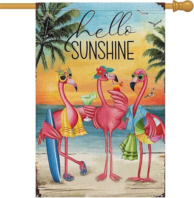 Heyfibro Flamingo Hello Sunshine Hawaii Tropical Beach Holiday Garden Flags 28x40 Double Sided Burlap Welcome Summer Tropical Ocean Sea Yard Flag for Seasonal Outdoor Party Decoration(ONLY FLAG)