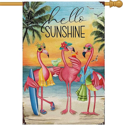 Heyfibro Flamingo Hello Sunshine Hawaii Tropical Beach Holiday Garden Flags 28x40 Double Sided Burlap Welcome Summer Tropical Ocean Sea Yard Flag for Seasonal Outdoor Party Decoration(ONLY FLAG)