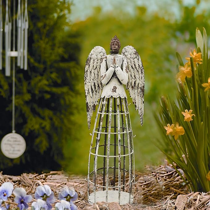 Linfevisi Garden Angel Statue Decor Rustic Metal Angel Sculpture Garden Yard Art Heavenly Home Decor Antiqued Accent Housewarming Gift (Style 1)