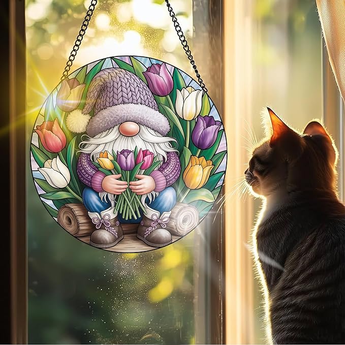VAIIEYO Gnome Sun Catcher Stained Glass Window Hanging Ornament, Handmade Sun Catcher Spring Tulips Decoration with Hooks for Window Garden Home, Mother's Day & Birthday Housewarming Gift (7.8 inch)