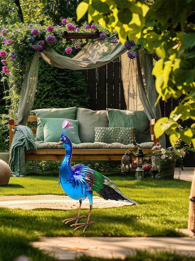 YEAHOME Garden Decor Outdoor Statues, 24.4" Large Metal Peacock Standing Yard Art, Blue Green Bird Lawn Sculptures Garden Decor for Outside Patio Porch Backyard