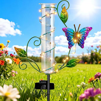 Butterfly Rain Gauge Outdoor - Wireless Solar Rain Gauges with 8" Capacity Glass Replacement Tube Best Rated Metal Decorative Garden Stakes with LED Lights for Yard Lawn Patio Art Decor