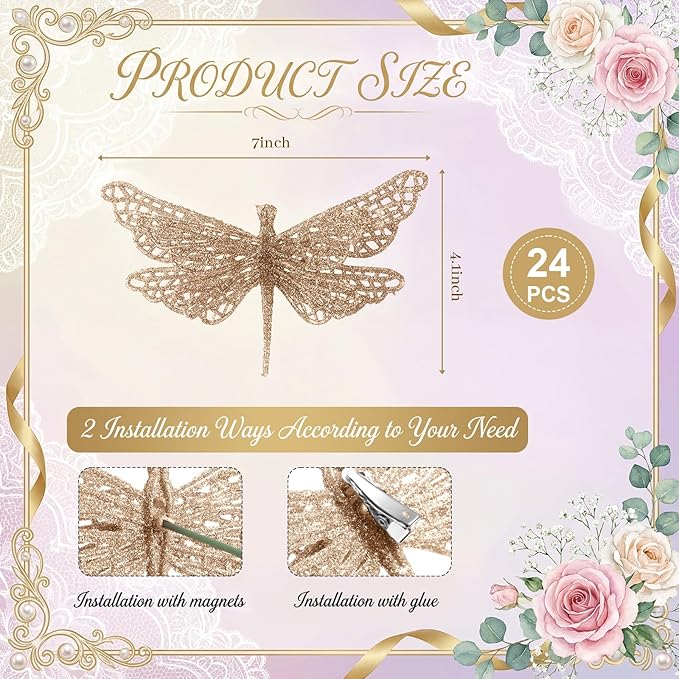 24 Pcs Glitter Dragonfly Decorations, Champagne 3D Dragonfly Wall Decor with Clips Stem for Spring Summer Garden Party Wedding, Glitter Dragonflies for Floral Arrangement DIY Craft