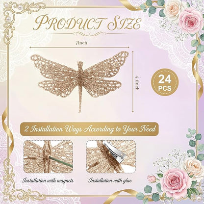 24 Pcs Glitter Dragonfly Decorations, Champagne 3D Dragonfly Wall Decor with Clips Stem for Spring Summer Garden Party Wedding, Glitter Dragonflies for Floral Arrangement DIY Craft
