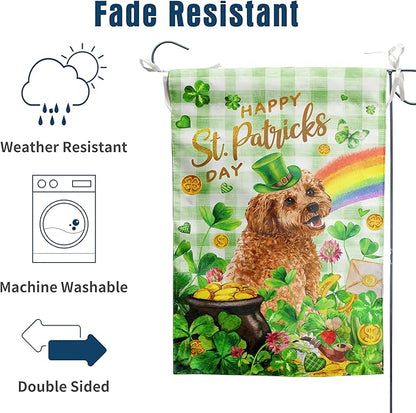 Golden Doodle St Patricks Day Garden Flag Dog St Patrick's Day Yard Flags for Outside 12x18 Double Sided Buffalo Plaid Shamrock Flag Small Outdoor Rainbow St Patrick's Decor