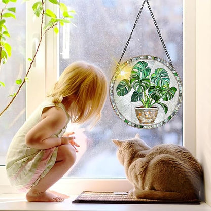 Bimkole Plant Stained Glass Suncatcher Window Hanging - Pothos Indoor Window or Doorway Decoration - Handmade Sun Catcher Decor for Garden Home Christmas & Birthday Gifts 7.87x7.87 inch