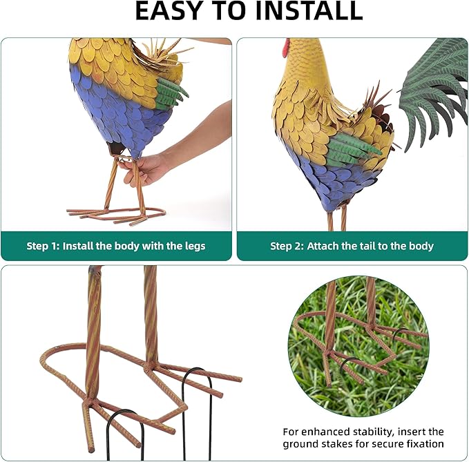 32" Metal Rooster Decor, Large Outdoor Garden Statues, Metal Chicken Sculpture for Backyard Patio Kitchen Decor