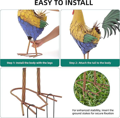 32" Metal Rooster Decor, Large Outdoor Garden Statues, Metal Chicken Sculpture for Backyard Patio Kitchen Decor