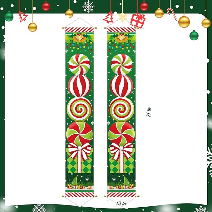 Ivenf Christmas Decorations Outdoor Yard: Large Peppermint Giftbox Front Porch Sign Set, Hanging Red Green White Door Banner Xmas Decorations for Home Wall Front Door Yard Garage Indoor Outdoor Decor