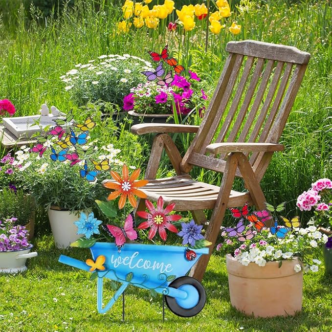YEAHOME Garden Decor for Outside, 25” Decorative Garden Stakes Metal Wheelbarrow with Flowers for Spring Decor, Butterfly Cart Welcome Yard Signs for Outdoor Lawn Backyard Porch Pathway Decorations