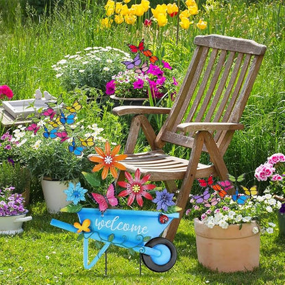 YEAHOME Garden Decor for Outside, 25” Decorative Garden Stakes Metal Wheelbarrow with Flowers for Spring Decor, Butterfly Cart Welcome Yard Signs for Outdoor Lawn Backyard Porch Pathway Decorations