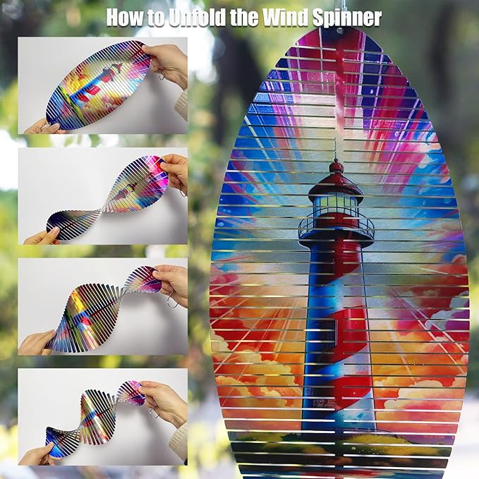 Lighthouse Helix Metal Wind Spinners for Yard and Garden,12 Inch 3D Stainless Steel Hanging Kinetic Yard Art Wind Sculpture Decor Outdoor Indoor