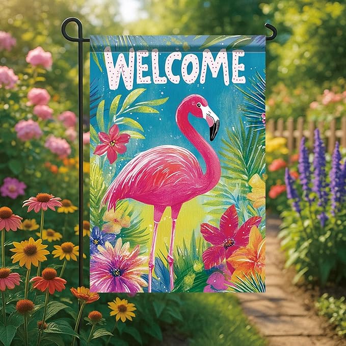 Spring Summer Garden Flag 12x18 Inch Welcome Flamingo Tropical Floral Jungle Design Outdoor Yard Porch Lawn Garden for Seasonal Coastal Farmhouse Home Decor