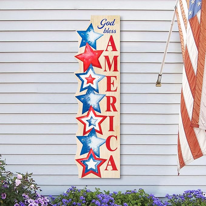 Glitzhome Patriotic Porch Sign, 4th of July Independence Day Welcome Sign with Timer, Memorial Day 42"H Farmhouse Wooden "AMERICA" Porch Decor Hanging Sign Front Door Porch, Standing Home Decor