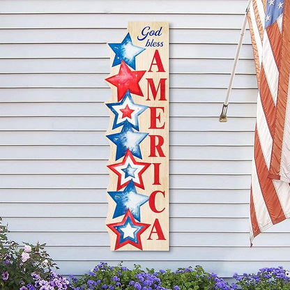 Glitzhome Patriotic Porch Sign, 4th of July Independence Day Welcome Sign with Timer, Memorial Day 42"H Farmhouse Wooden "AMERICA" Porch Decor Hanging Sign Front Door Porch, Standing Home Decor