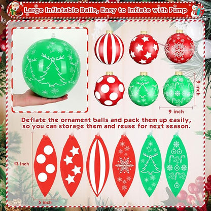 Flasoo 12 Pack Large Christmas Balls, 9 Inch Inflatable Christmas Ornaments for Outdoor Decoration, Big Christmas Ornaments Balls for Front Door Yard Tree Hanging Decoration