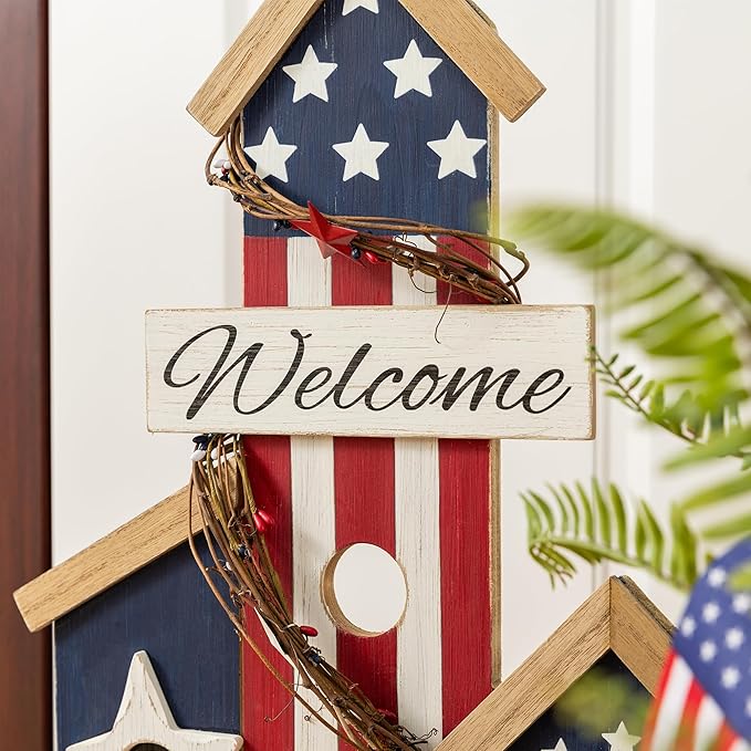 Glitzhome Patriotic Porch Sign, 4th of July Independence Day Welcome Sign, Wooden Birdhouse Design, 30" Farmhouse Rustic Porch Board for Memorial Day Front Door, Patio, and Yard Party Decor