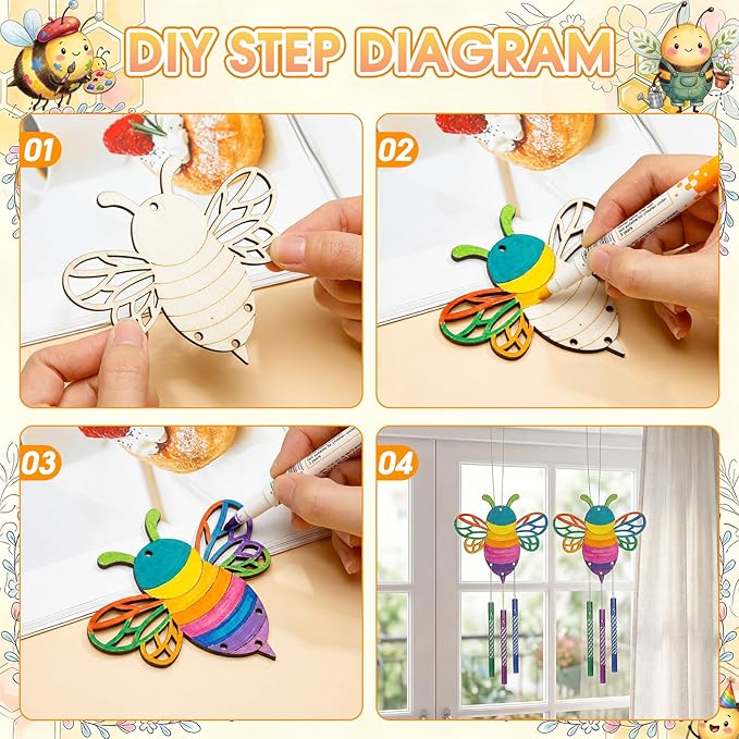 Leinuosen 30 Pcs Bee Wind Chime Kit for Kids Make Your Own Bee Wind Chimes Decorative DIY Coloring Wooden Crafts for Spring Art Activities Garden Home Patio Party Decorations