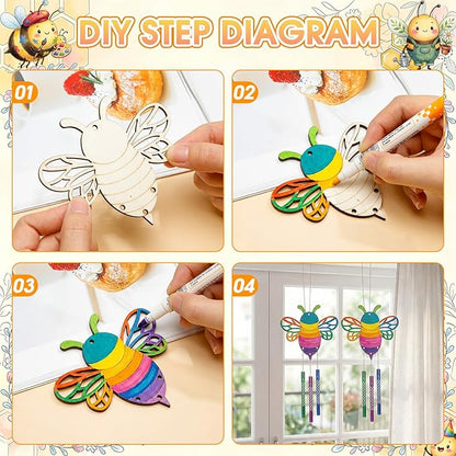 Leinuosen 30 Pcs Bee Wind Chime Kit for Kids Make Your Own Bee Wind Chimes Decorative DIY Coloring Wooden Crafts for Spring Art Activities Garden Home Patio Party Decorations