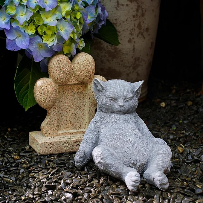 Stone Cat Garden Statue, Funny Resin Cat Figurine for Indoor & Outdoor Decor, Cute Relaxing Cat Sculpture for Patio Yard Lawn Porch Shelf, Cat Lover Gift, Weather Resistant, 9.8" L x 5.9" W x 6.7" H