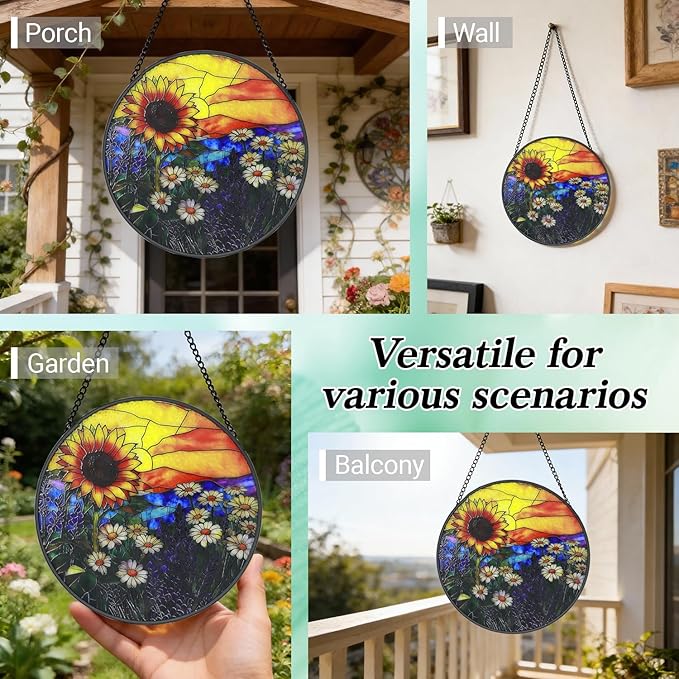 Stained Glass Window Hanging - 6.3 Inch Sunflower Gifts for Women, Sun Flower Suncatcher for Window Home Door Wall Garden Outdoor Decor and Christmas Mother's Day Birthday, Gifts for Adults Men Mom