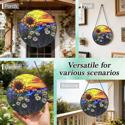 Stained Glass Window Hanging - 6.3 Inch Sunflower Gifts for Women, Sun Flower Suncatcher for Window Home Door Wall Garden Outdoor Decor and Christmas Mother's Day Birthday, Gifts for Adults Men Mom