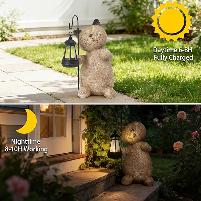 Braxio Solar Cat Garden Statue Decor - Standing Kitten Holding Lantern Weatherproof Resin Sculpture for Patio Yard Lawn Pathway Garden Gifts for Mom Grandma 9 x 5.5 x 11.6 Inch