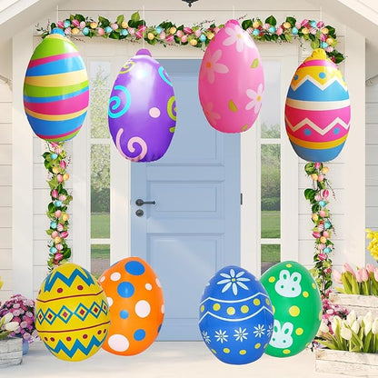 Inflatable Easter Eggs Blow Ups Decorations Outdoor Set of 8 PVC Colorful Giant Eggs Easter Inflatables Outdoor Yard Decorations Hanging Ornaments for Party Garden Lawn Decor