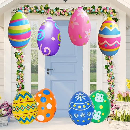 Inflatable Easter Eggs Blow Ups Decorations Outdoor Set of 8 PVC Colorful Giant Eggs Easter Inflatables Outdoor Yard Decorations Hanging Ornaments for Party Garden Lawn Decor