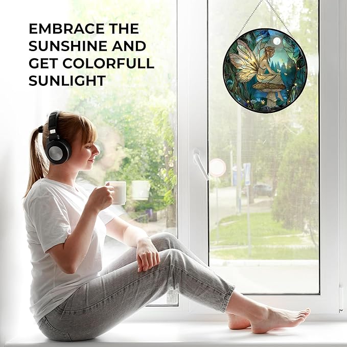 Fairy Mushroom Stained Glass Suncatcher Stained Glass Window Hangings Birthday Gift for Mom Grandma Teacher Women Friend Memorial Hook