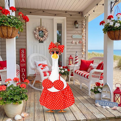 Abbylike 1 Set Summer Bikini Porch Goose Outfit Red Polka Dot Bikini Yard Goose Hawaiian Clothes with Sunglasses and Wigs Fits Large 23'' H Cement for Outdoor Garden Patio Pathway Statue Art Decor