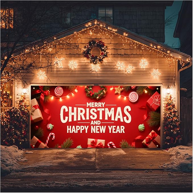 HOMETITUTE Christmas Garage Door Banner 13x6ft Merry Christmas Happy New Year Red Theme Backdrop Decor Banners for Outside Indoor Winter Door Cover Garage Wall Covering for Party Garage Decorations