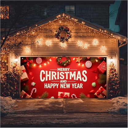 HOMETITUTE Christmas Garage Door Banner 13x6ft Merry Christmas Happy New Year Red Theme Backdrop Decor Banners for Outside Indoor Winter Door Cover Garage Wall Covering for Party Garage Decorations