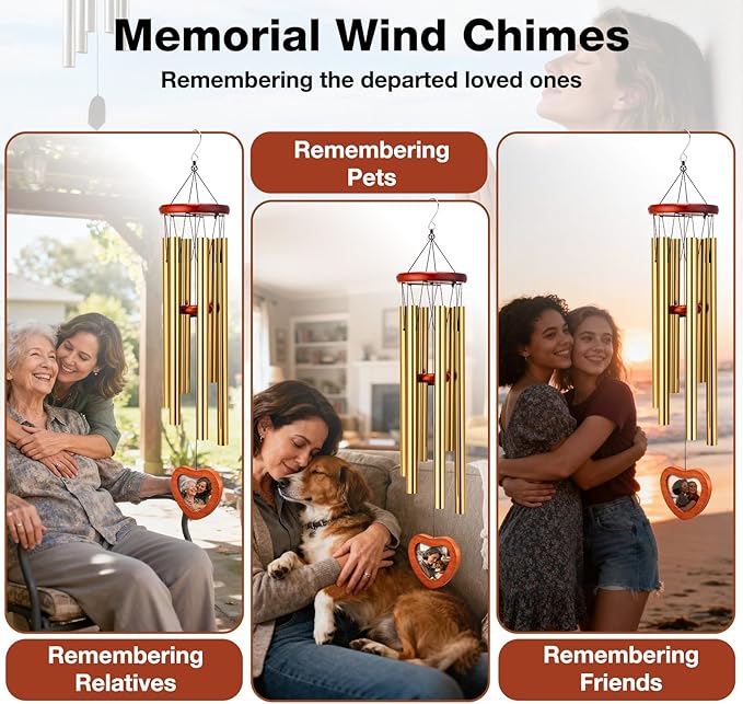 32'' Memorial Wind Chime with Wooden Photo Frame - Personalized Wind Chimes for Loss of Family, Friend, or Pet, Deep Tone Sympathy Chimes for Indoor or Outdoor Decor, Garden, Patio Memorial - Gold