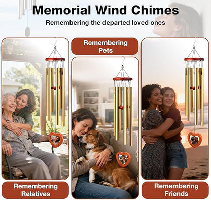 32'' Memorial Wind Chime with Wooden Photo Frame - Personalized Wind Chimes for Loss of Family, Friend, or Pet, Deep Tone Sympathy Chimes for Indoor or Outdoor Decor, Garden, Patio Memorial - Gold