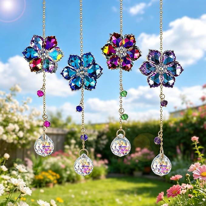 HDCRYSTALGIFTS 4pcs Crystal Flower Suncatchers for Window Hanging Christmas Tree Ornaments, Rainbow Maker Crystal Sun Catchers Indoor Window Outdoor Patio Garden Decor Gifts (1.7 * 10inch,Multicolor)