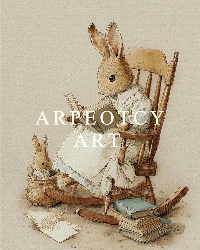 ARPEOTCY Vintage Gold Framed Wall Art, Easter Rabbit Reading Paintings, Canvas Prints Artwork with Antique Frame, Victorian Wall Picture Decor for Nursery Gallery Living Room, 13x16 inch