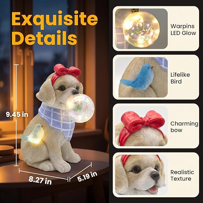 Solar Garden Dog Statue, Detachable Ground Stake, Light Brown Resin Labrador Puppy with LED Bubble and Bird, Waterproof Yard Decor for Patio, Lawn, Porch, Pathway, and Gift Giving