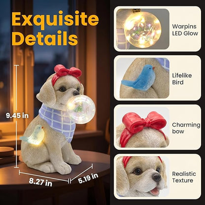 Solar Garden Dog Statue, Detachable Ground Stake, Light Brown Resin Labrador Puppy with LED Bubble and Bird, Waterproof Yard Decor for Patio, Lawn, Porch, Pathway, and Gift Giving