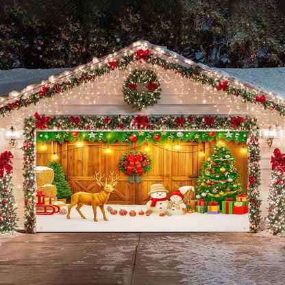 HOMETITUTE Christmas Garage Entryway Banner 13x6ft Rustic Wooden Entryway Scene with Reindeer Snowman Xmas Tree Gift Boxes Pinecones PumpkinsLights Outdoor Holiday Display Backdrop